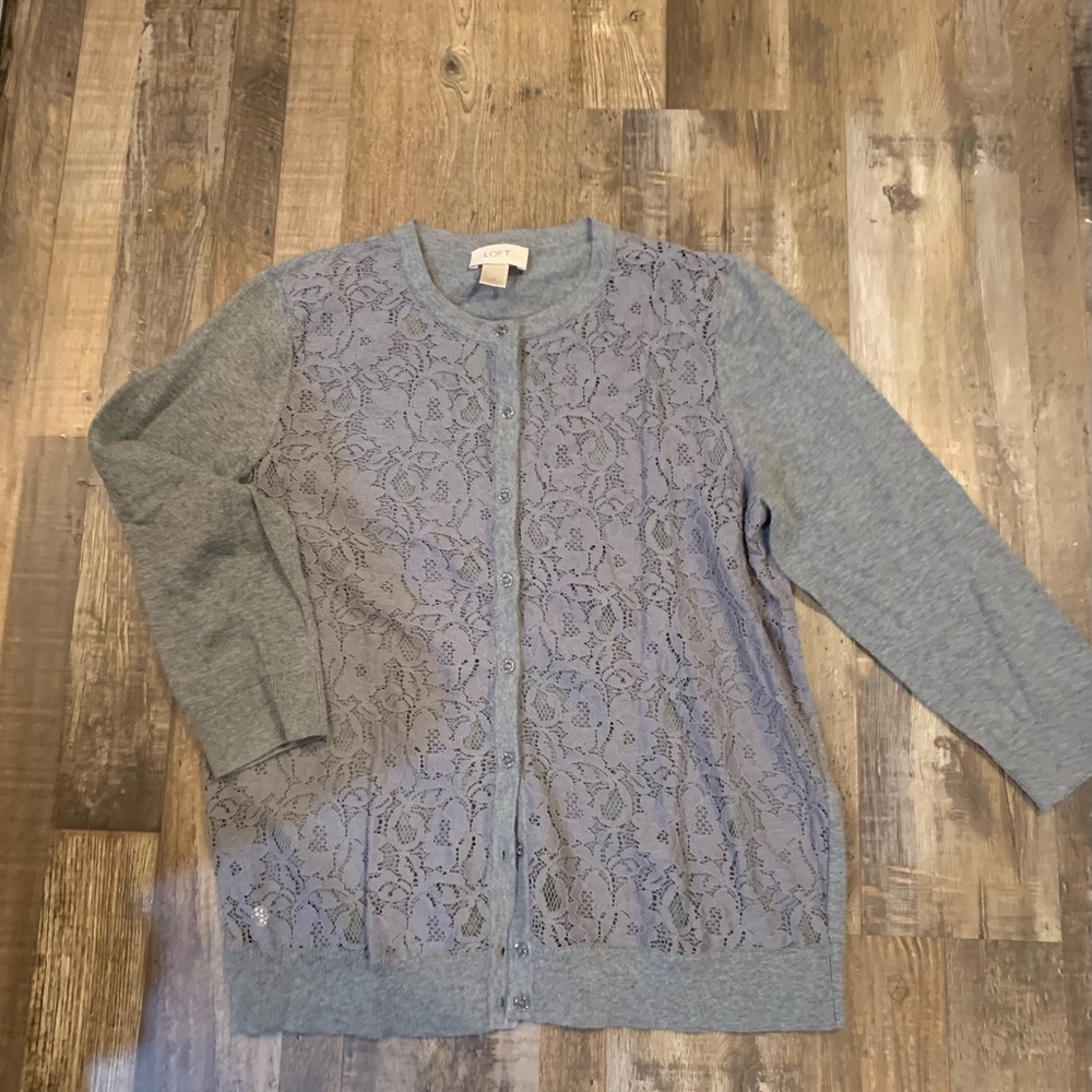 Gray Loft Petite Lace Cardigan Sweater Three Quarter Length Sleeve